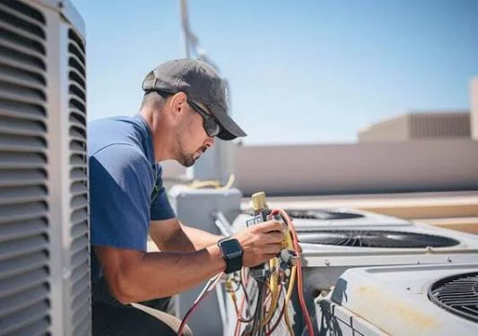 Technician performing diagnostic work on rooftop air conditioning equipment