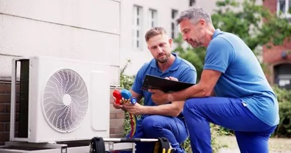 Two HVAC technicians reviewing equipment during an installation consultation